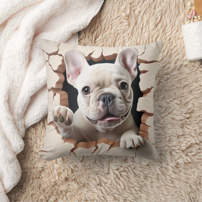 3D White Fransk Bulldog Cracks Hål Kudde (Filt)