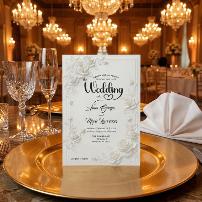 3D White Rose Floral Border Wedding Invitation Inbjudningar (Skapare uppladdad)