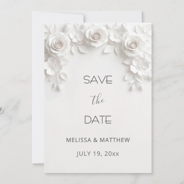 3D White Roses Save The Date Card Spara Datumet (Framsida)