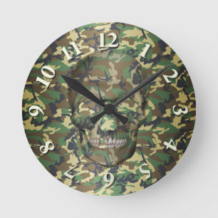 3D Woodland Camo Skull Rund Klocka