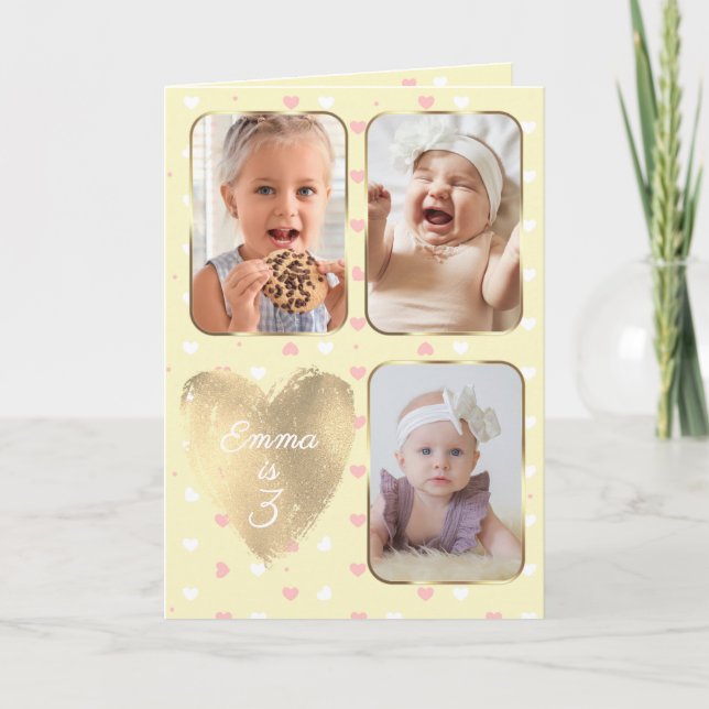 3rd Birthday 3 Picture Collage Yellow Pink White Kort (Framsida)