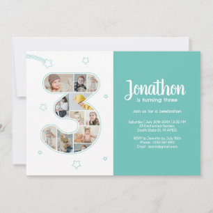 3rd Birthday Boy Number 3 Anpassningsbar Photo Col Inbjudningar