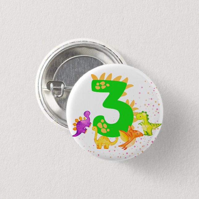 3rd Birthday. Dinosaur Design. My third birthday.  Knapp (Framsida & baksida)