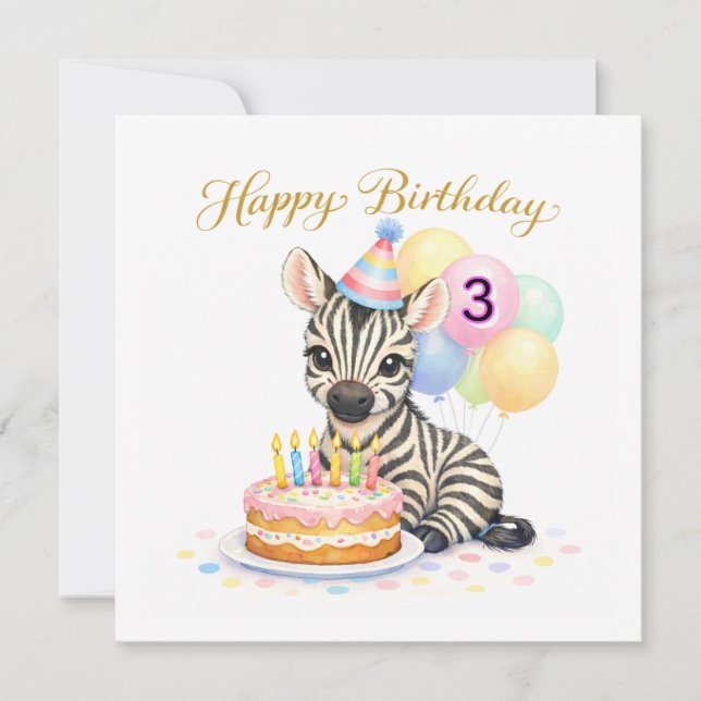 3rd Birthday For Girls - Cute Zebra Greeting Card (Framsida)