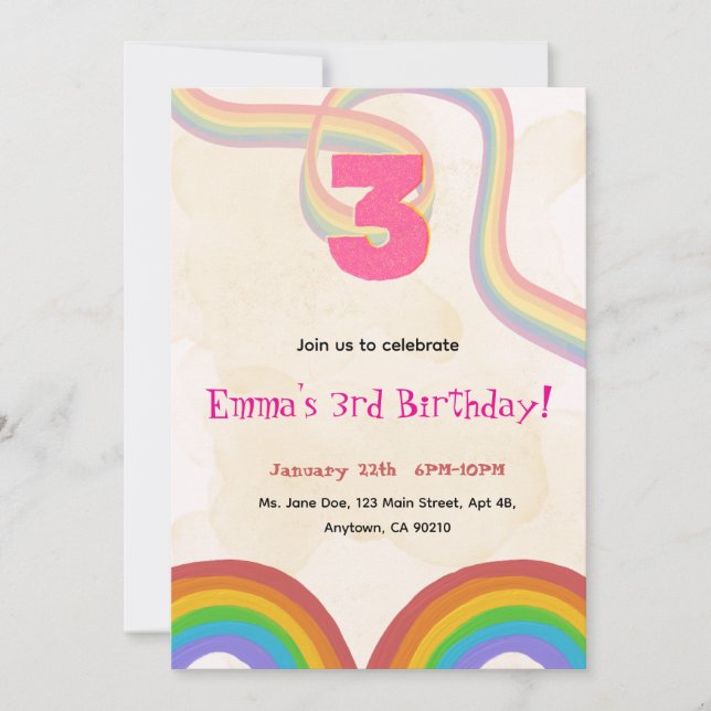 3rd Birthday Invitation Girl Editable Rainbow Inbjudningar (Framsida)