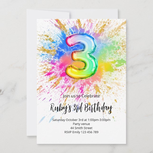 3rd Birthday Rainbow Paint Splash Invitation Inbjudningar (Framsida)
