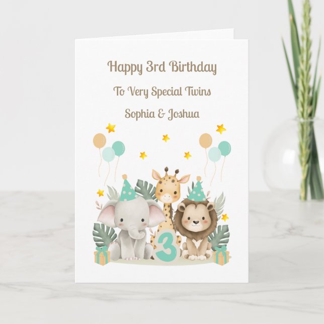 3rd Birthday Safari Animals Twin Birthday Card Kort (Framsida)