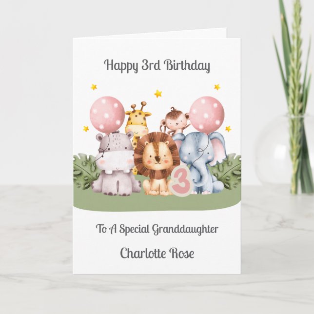 3rd Birthday Safari Leaf Animals Card Kort (Framsida)
