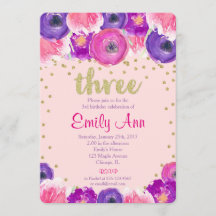 3rd födelsedaginbjudanflicka, rosa purpurfärgat