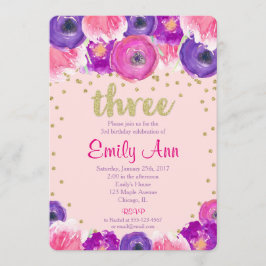 3rd födelsedaginbjudanflicka, rosa purpurfärgat inbjudningar