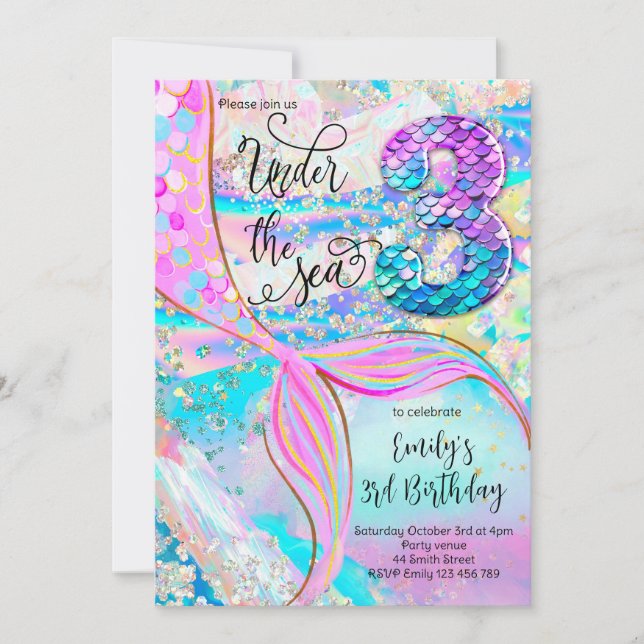 3rd Mermaid Birthday Under the Sea Invitation Inbjudningar (Framsida)