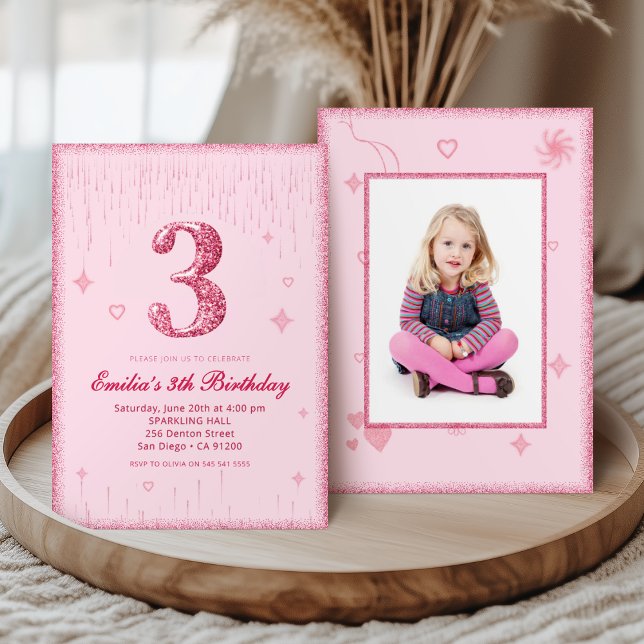 3rd Pink Glitter Birthday Sparkle Glitter picture Inbjudningar (Skapare uppladdad)