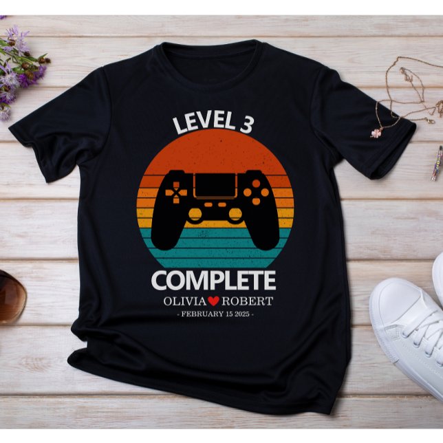 3rd Wedding Anniversary Custom Retro Video Game T Shirt (Modern wedding couple name 3rd anniversary gifts t-shirt )