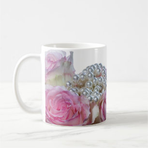 4008-Rosa och Vit ros med pärlkaffe Mugg