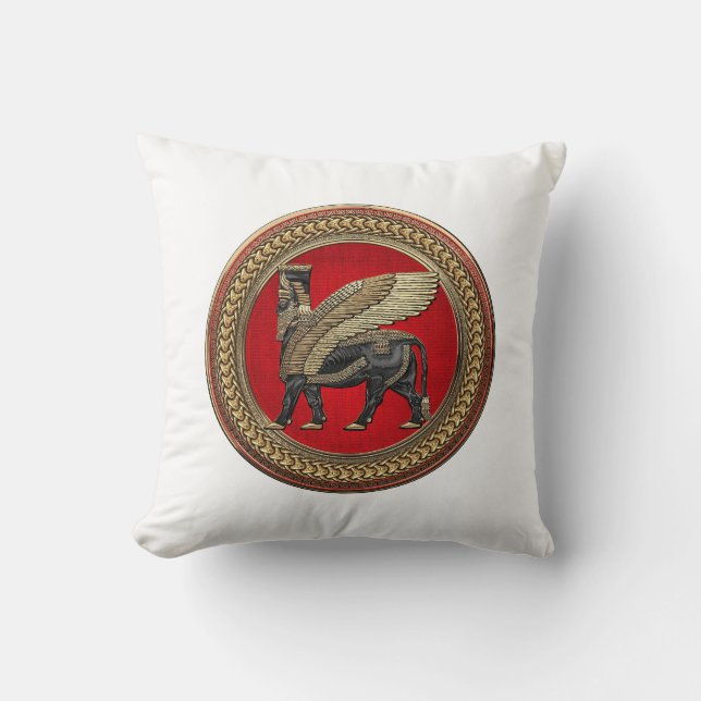 [400] Assyrian Winged Bull: Guld och Black Lamassu Kudde (Framsida)