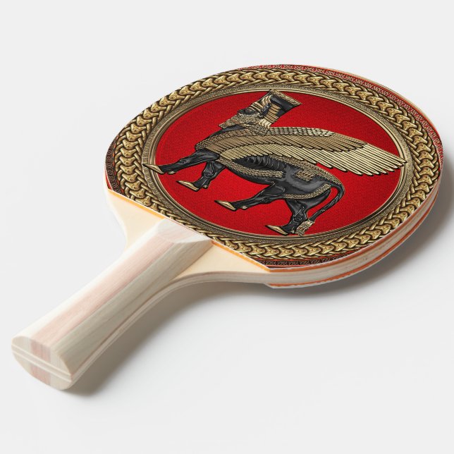 [400] Assyrian Winged Bull: Guld och Black Lamassu Pingisracket (Ryggvinkel)
