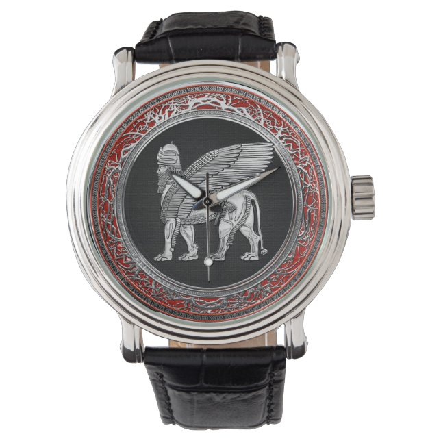 [400] Assyriansk vind Lejon - Silver Lamassu Armbandsur (Framsida)