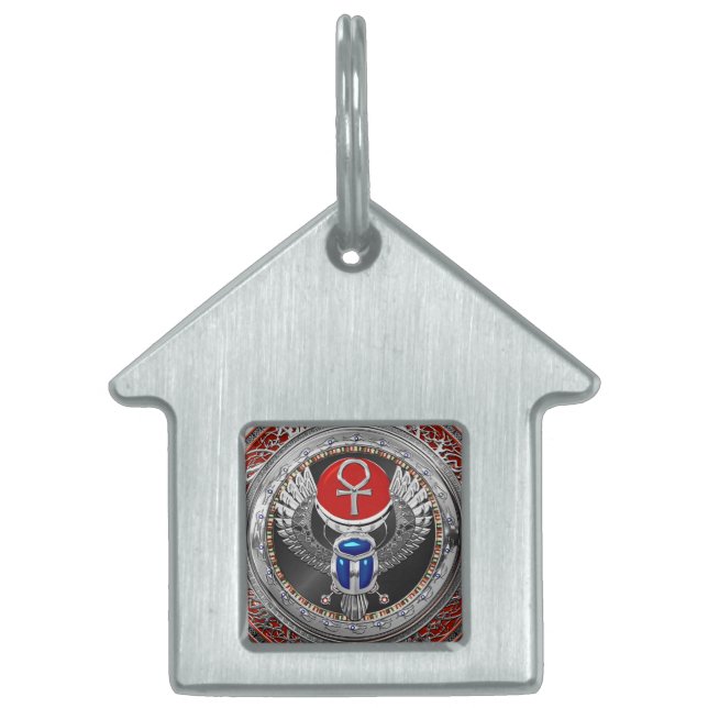 [400] Egyptiska Winged Scarab och Ankh Helig Silve ID-bricka Husdjur (Framsidan)