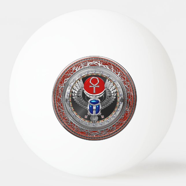 [400] Egyptiska Winged Scarab och Ankh Helig Silve Pingisboll (Framsidan)