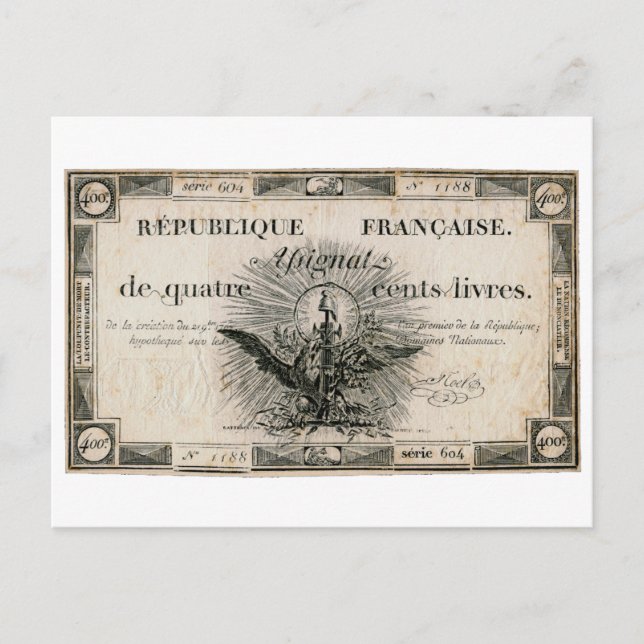 400 Livres Fransk Revolution Assignat Bank Note Vykort (Framsida)