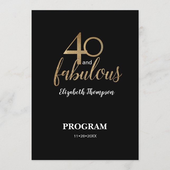 40 and fabulous 40th Birthday Gold Glitter Black Program (Framsida)