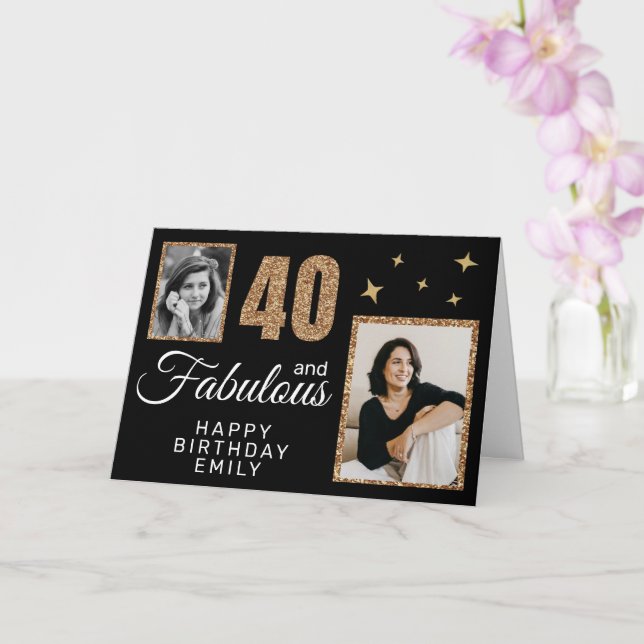 40 and Fabulous Gold Glitter 2 Photo 40th Birthday Kort (Orkide)