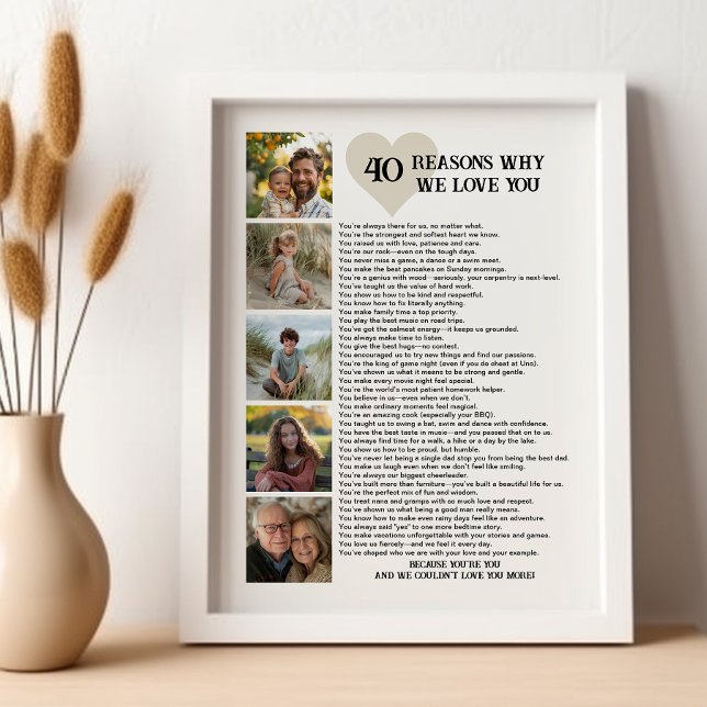 40 anledningar till att vi Kärlek dig 40:e födelse Poster (Sentimental printable photo poster for 40th birthday, father's day or other special )