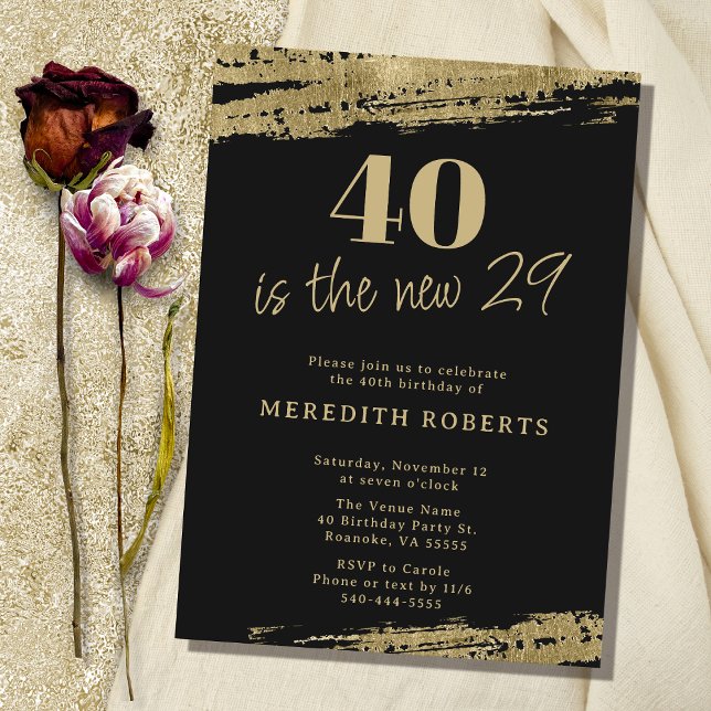 40 är den nya 29 Guld Black 40:e födelsedagen Part Inbjudningar (40 is the New 29 Gold Black 40th Birthday Party Invitation)