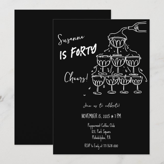 40 år Fs Birthday Champagne torn funky Inbjudningar (Fram/baksida)