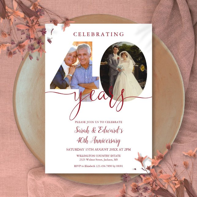 40-års bröllopsdag 2 Foto Ruby Inbjudningar (40th Wedding Anniversary 2 Photo Ruby Invitation)