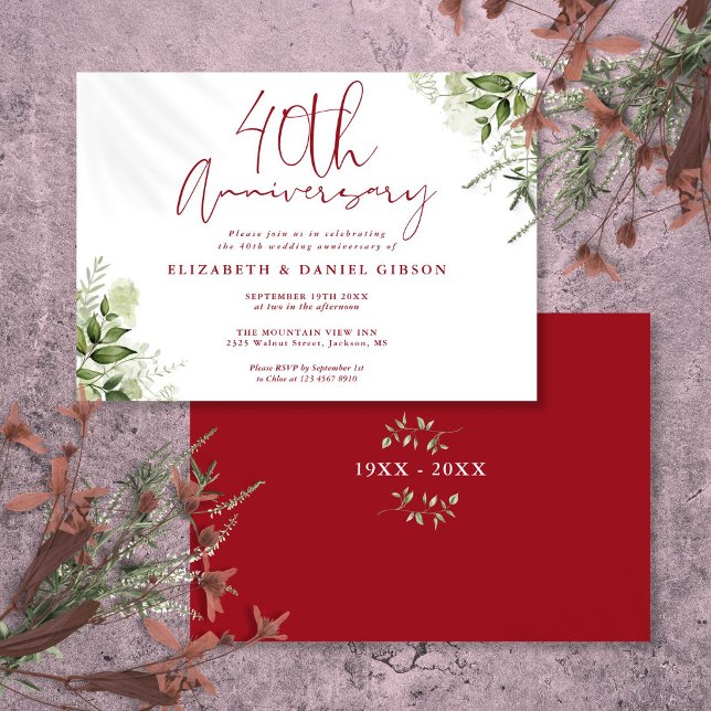 40-års bröllopsdag Grönska Blommor Inbjudningar (40th Wedding Anniversary Greenery Floral Invitation)