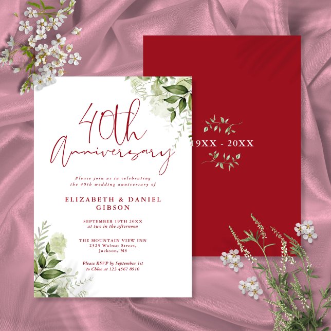 40-års bröllopsdag Grönska Ruby Manus Inbjudningar (40th Wedding Anniversary Greenery Ruby Script Invitation)
