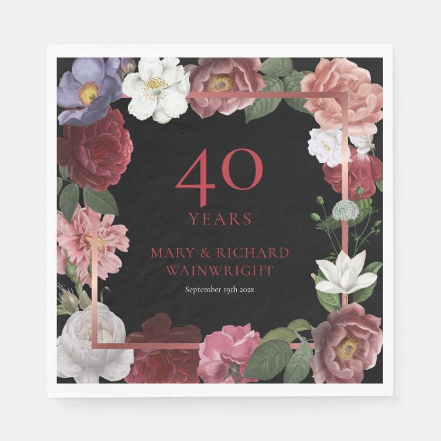 40-års bröllopsdag med Chic Rosa Blommor Pappersservett (Framsidan)