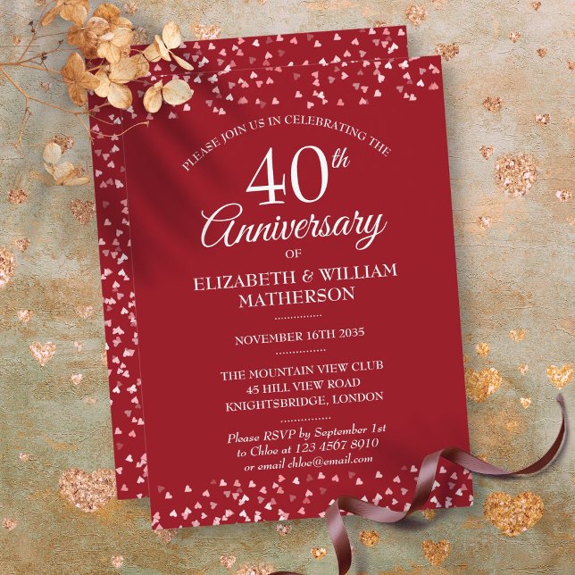 40-års bröllopsdag Ruby Hearts Inbjudningar (40th Wedding Anniversary Ruby Hearts Invitation)