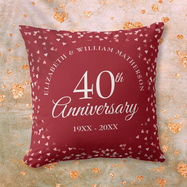 40-års bröllopsdag Ruby Hearts Konfetti Kudde (40th Wedding Anniversary Ruby Hearts Confetti Throw Pillow)