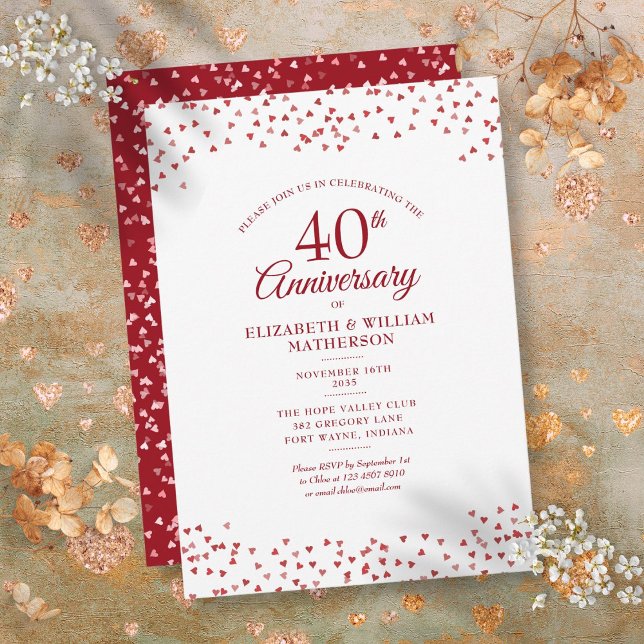 40-års bröllopsdag Ruby Hjärtan Konfetti Inbjudningar (40th Wedding Anniversary Ruby Hearts Confetti Invitation)