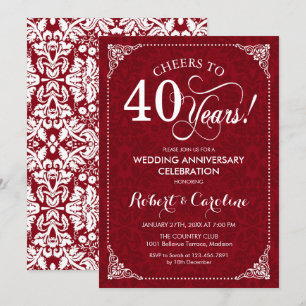 40-års bröllopsdag - Ruby Red White Damask Inbjudningar