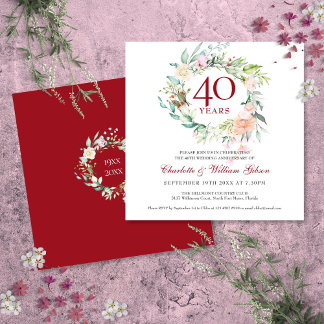 40-års bröllopsdag Ruby Roses Blommor Inbjudningar