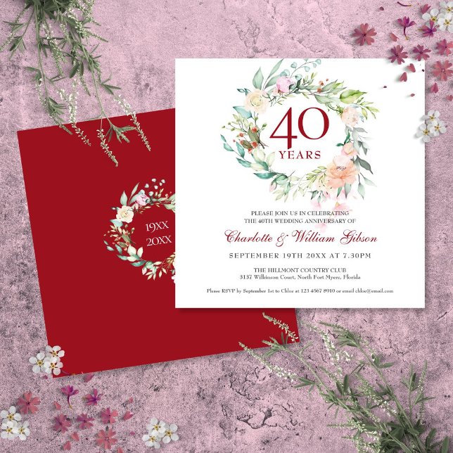 40-års bröllopsdag Ruby Roses Blommor Inbjudningar (40th Wedding Anniversary Ruby Roses Floral Invitation)