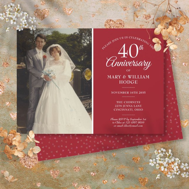 40-års bröllopsfoto Ruby Heart Konfetti Inbjudningar (40th Anniversary Wedding Photo Ruby Heart Confetti Invitation)