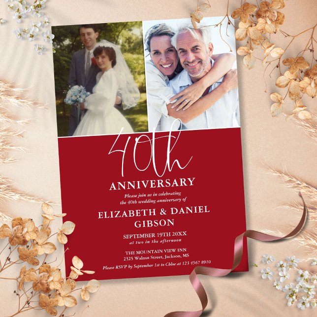 40-års bröllopsjubileum då och nu 2 bilder inbjudningar (40th Wedding Anniversary Then And Now 2 Photo Invitation)