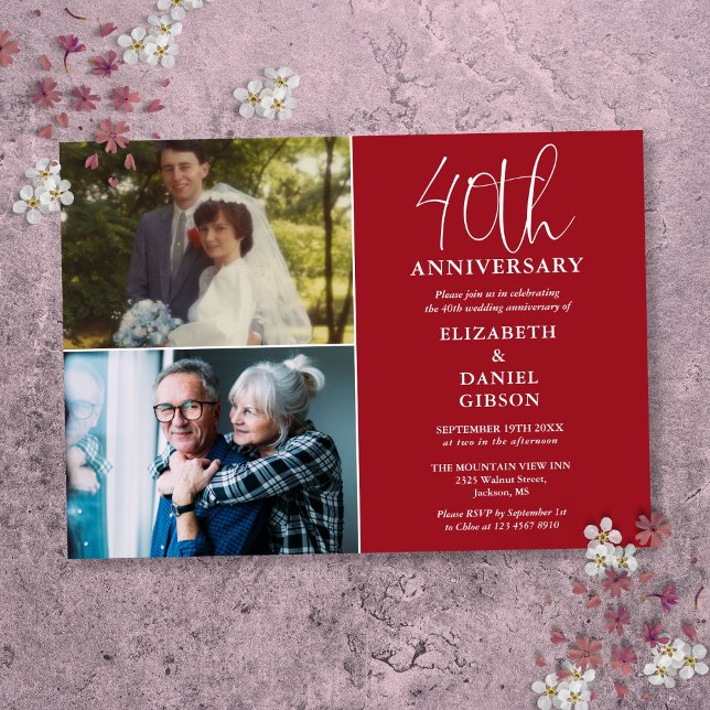 40-års bröllopsjubileum då och nu 2 bilder inbjudningar (40th Wedding Anniversary Then And Now 2 Photo Invitation)