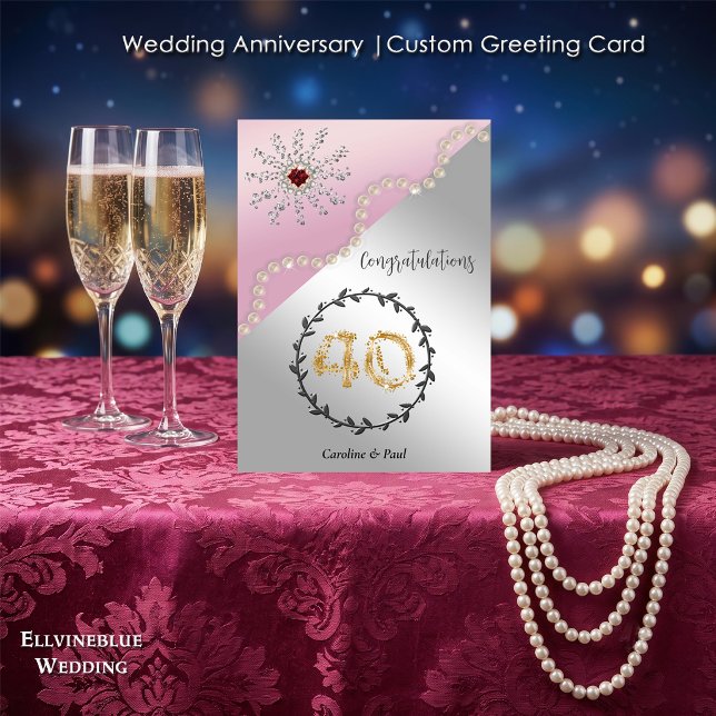 40-års bröllopsjubileum | Elegant rubin & pärlor Kort (Double-sided 40th Wedding Anniversary. 100% editable with message inside. 5”x7”.)