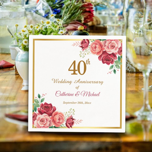 40-års bröllopsjubileum Guld ram Blommig Pappersservett (Skapare uppladdad)