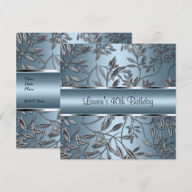 40-års födelsedag Elegant Blå Silver Blommig Inbjudningar (Fram/baksida)