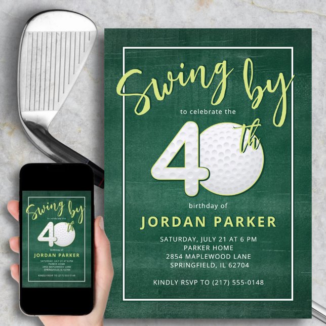 40-års födelsedag Golf tema sving av Stylish Green Inbjudningar (A bold “40” with textured golf detail that stands out.)