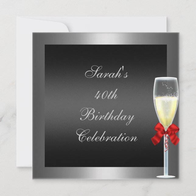 40-års födelsedag Röd Båge Champagne Silver Svart Inbjudningar (Framsida)
