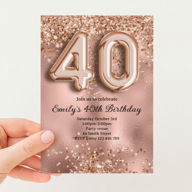 40-års Födelsedag Rosa Guld Glitter Inbjudningar (Skapare uppladdad)