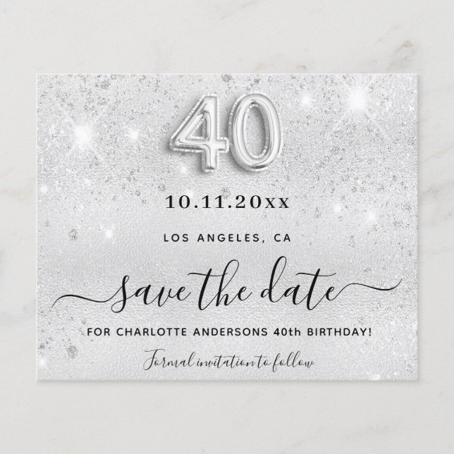40-års födelsedag silver glitter save the date flygblad (Framsidan)