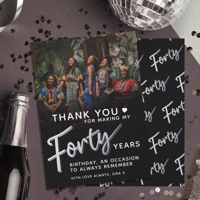 40-års födelsedag silver svart fyrtio script text tack kort (Skapare uppladdad)